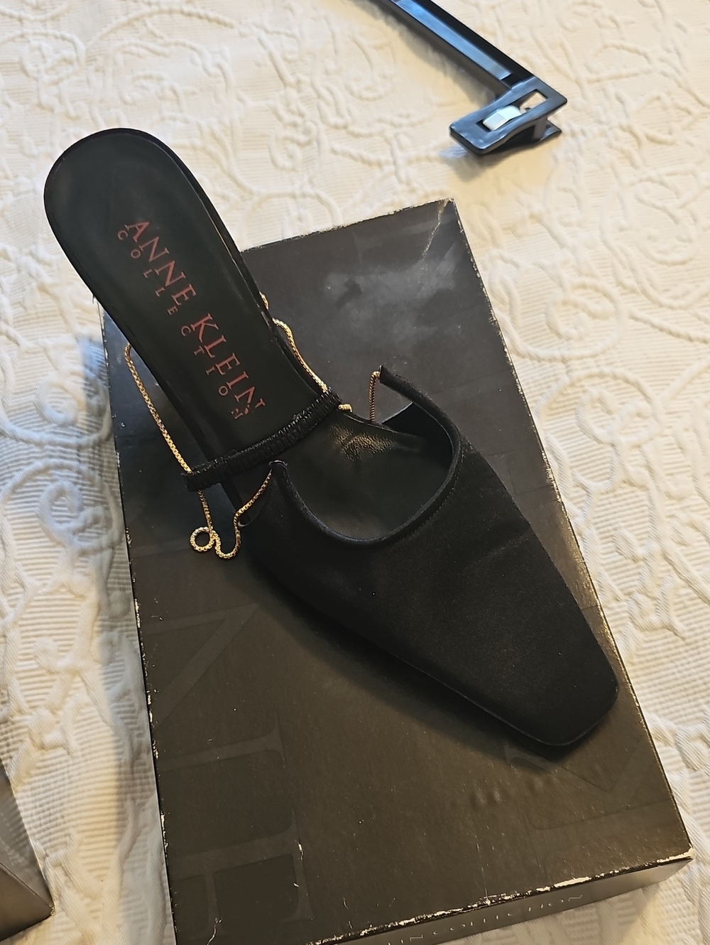 Anne Klein Black Mule with Gold Chain Accent